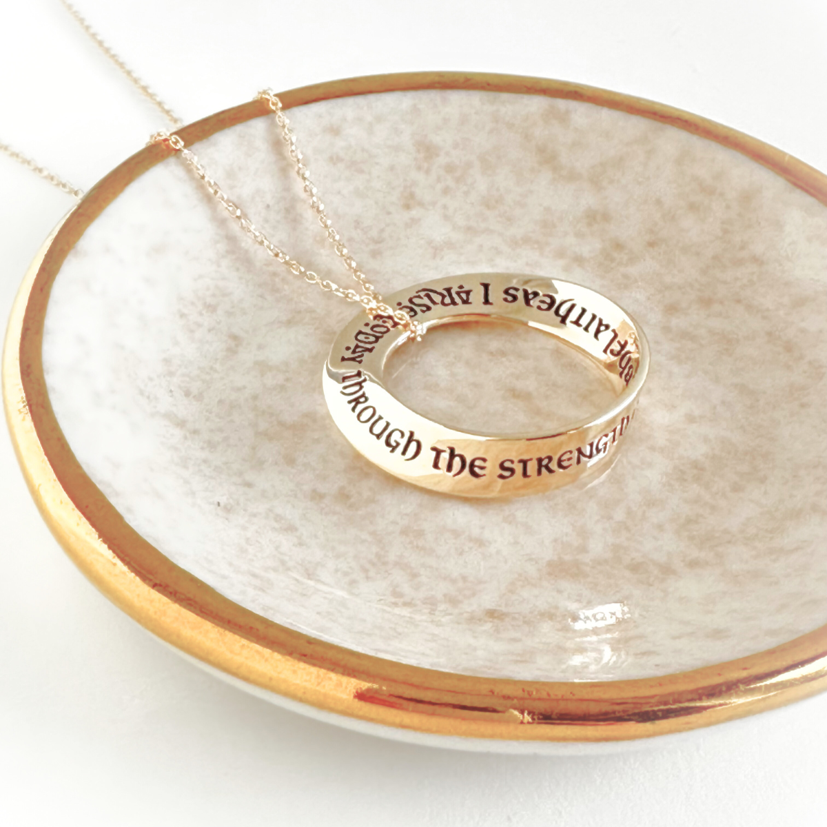 14k Gold Mobius Pendant Necklace | I Arise Today Through the Strength of Heaven | St. Patrick Quote