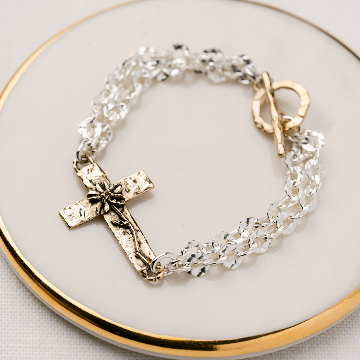 Sterling Silver Hammered Link Bracelet | Bronze Flowering Cross