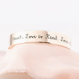 1 Corinthians 13 Gold Brass Engraved Cuff Bracelet | Love is patient...