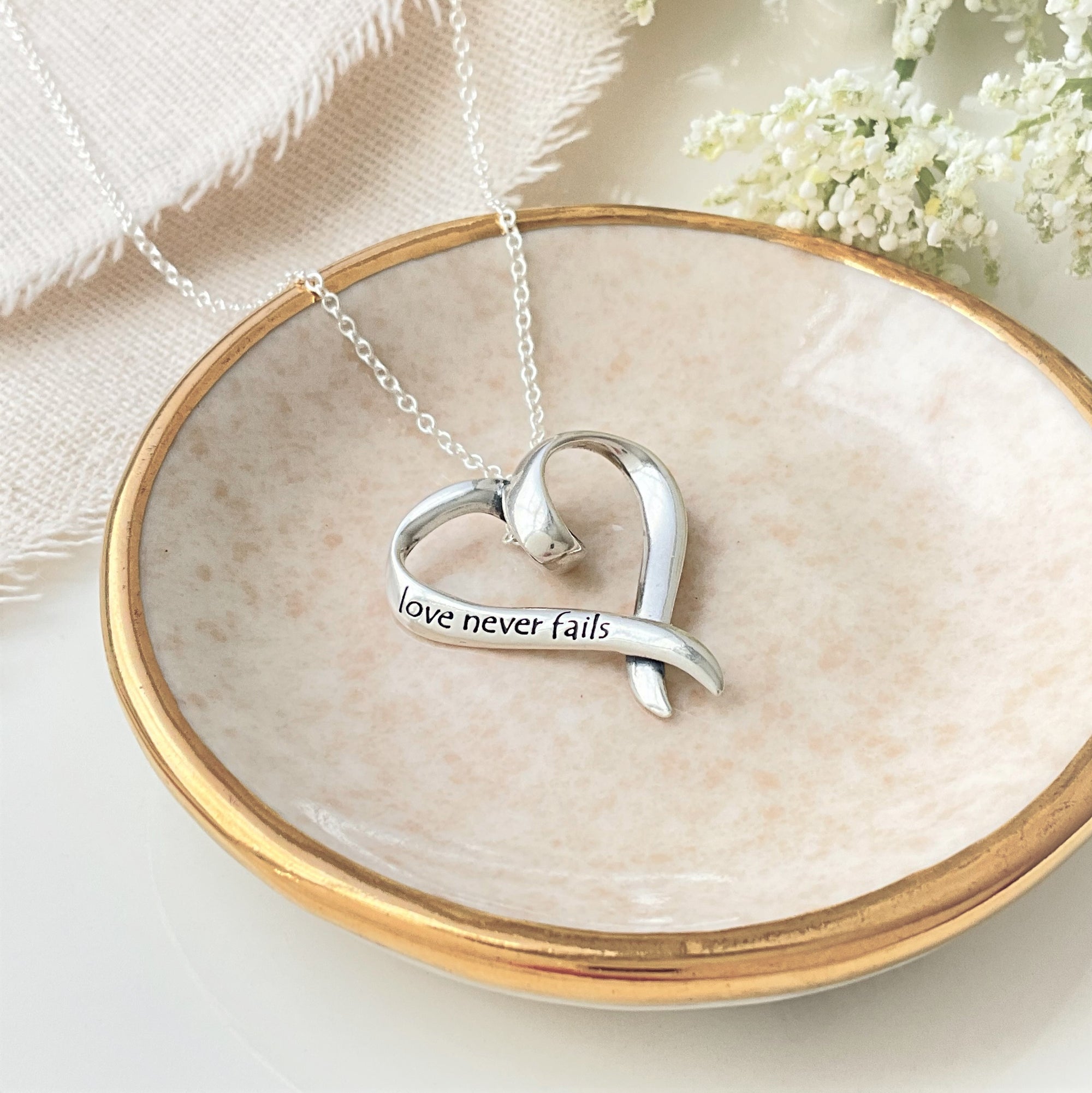 Love Never Fails Sterling Silver Heart Pendant Necklace | 1 Corinthians 13