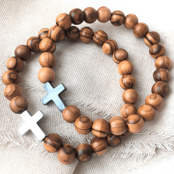 Men's Holy Land Olive Wood Bracelet with Hematite Cross