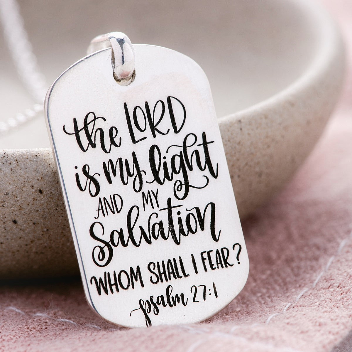Sterling Silver Dog Tag Pendant Necklace | Psalm 27:1 | The Lord is My Light