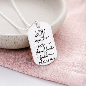 Sterling Silver Dog Tag Pendant Necklace | Psalm 46:5 | God is Within Her