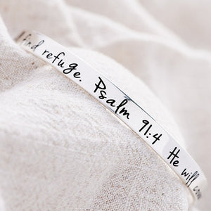 Psalm 91:4 Sterling Silver Bangle Bracelet | He Will Cover You With His Feathers