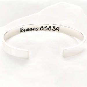 Romans 8:38 Engraved Scripture Verse Cuff Bracelet | Sterling Silver or 14k Gold