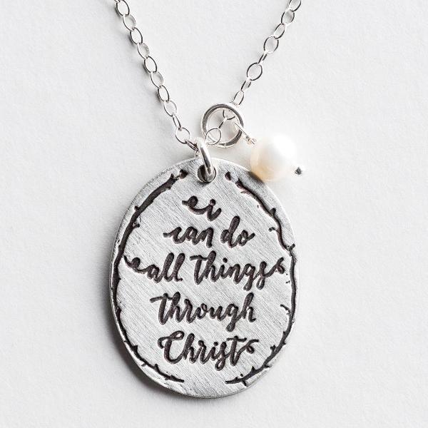 The Vintage Pearl Calligraphy Scripture Verse Necklace | I Can Do All Things Through Christ