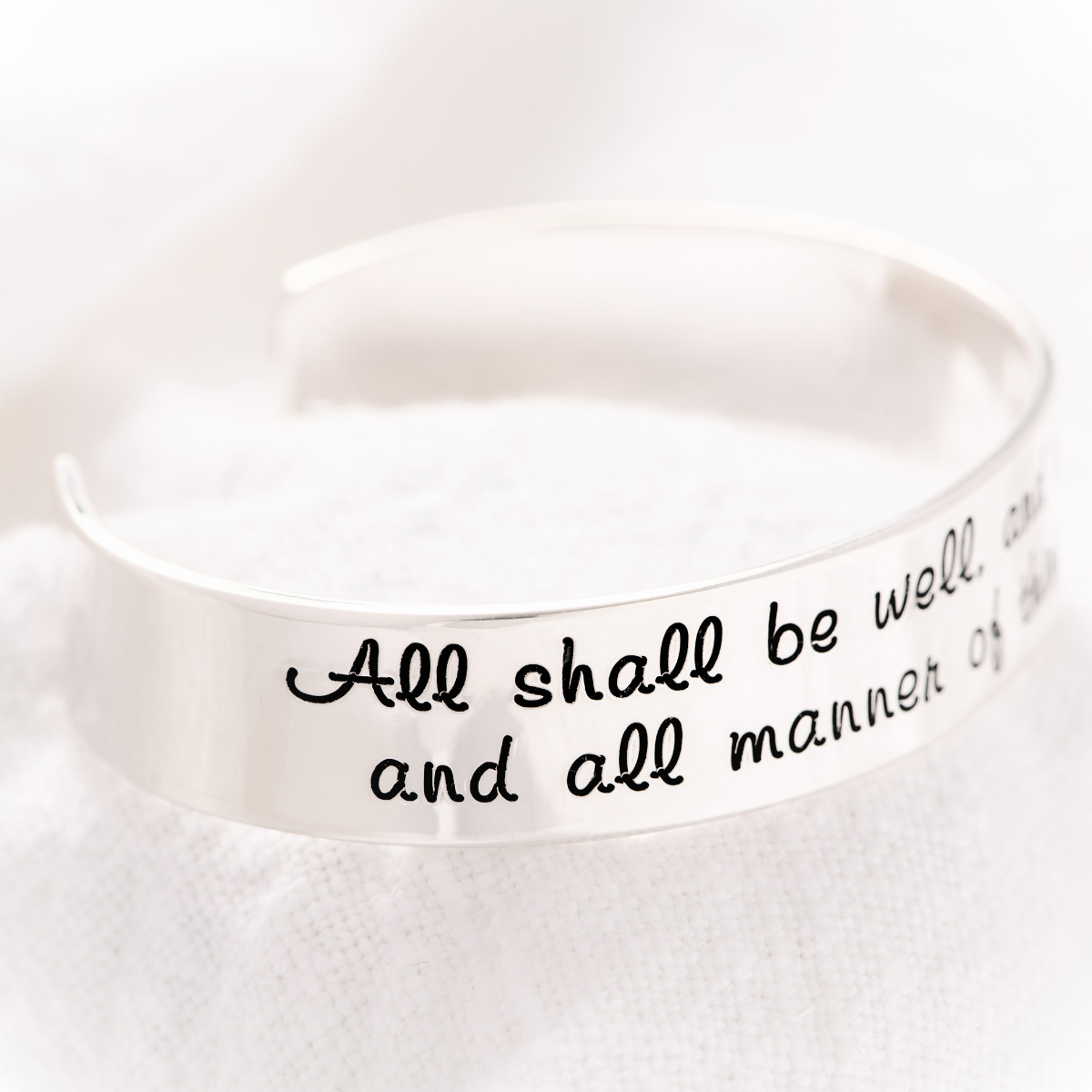 All Shall Be Well Engraved Cuff Bracelet | Julian of Norwich | Sterling Silver or 14k Gold
