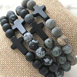Men's Stone Bracelet with Black Onyx Cross