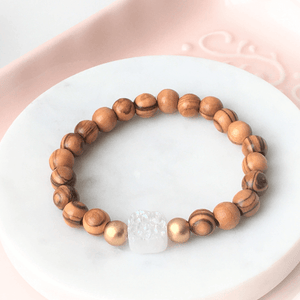 Holy Land Olive Wood Beaded Bracelet | White Druzy Quartz
