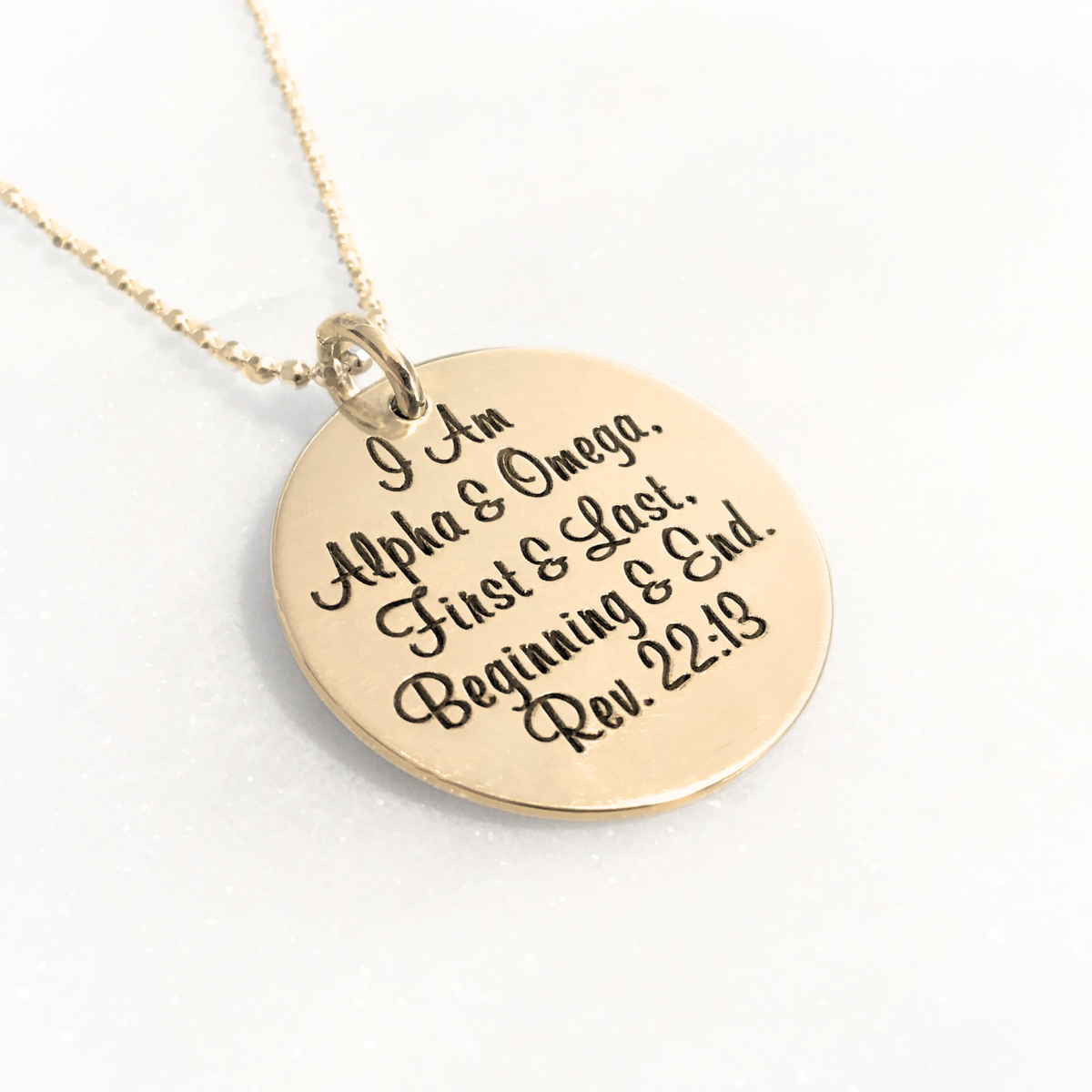 14k Gold Alpha Omega Pendant Necklace | Revelation 22:13