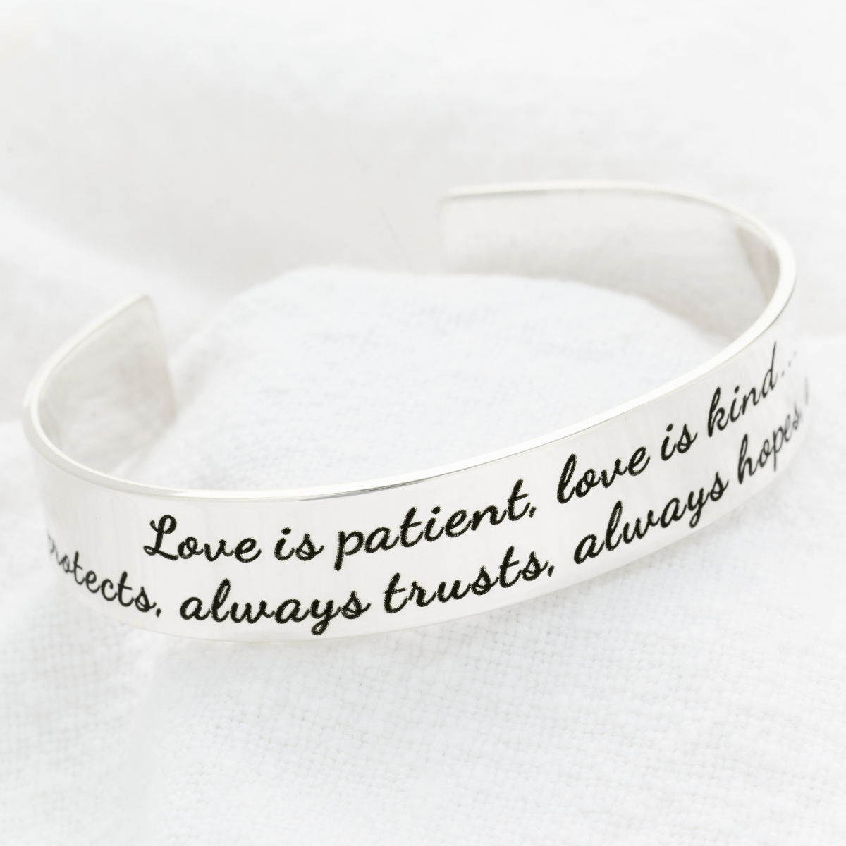 1 Corinthians 13 Engraved Cuff Bracelet | Love is Patient | Sterling Silver or 14k Gold