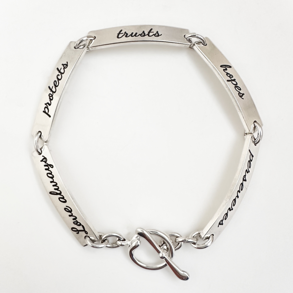 Sterling Silver 1 Corinthians 13 Link Bracelet | Love Always Protects, Trusts, Hopes, Perseveres
