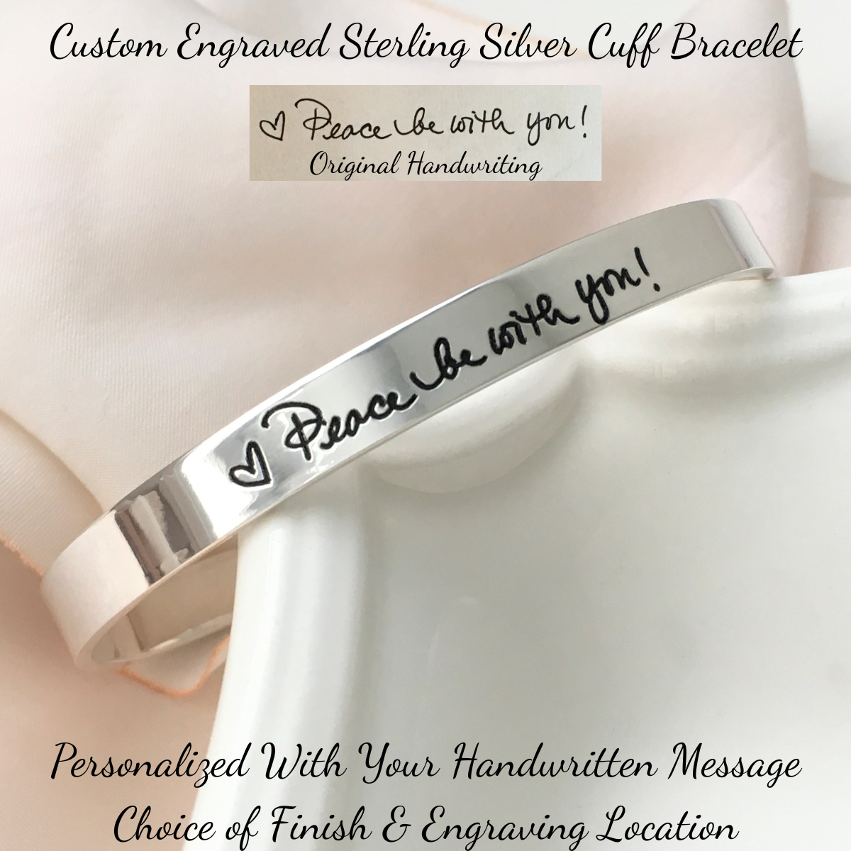 Sterling Silver Actual Handwriting Custom Engraved Cuff Bracelet | 1/4" Wide
