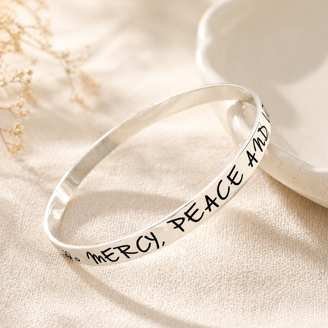 Jude 1:2 Sterling Silver Bangle Bracelet | Mercy, Peace, and Love