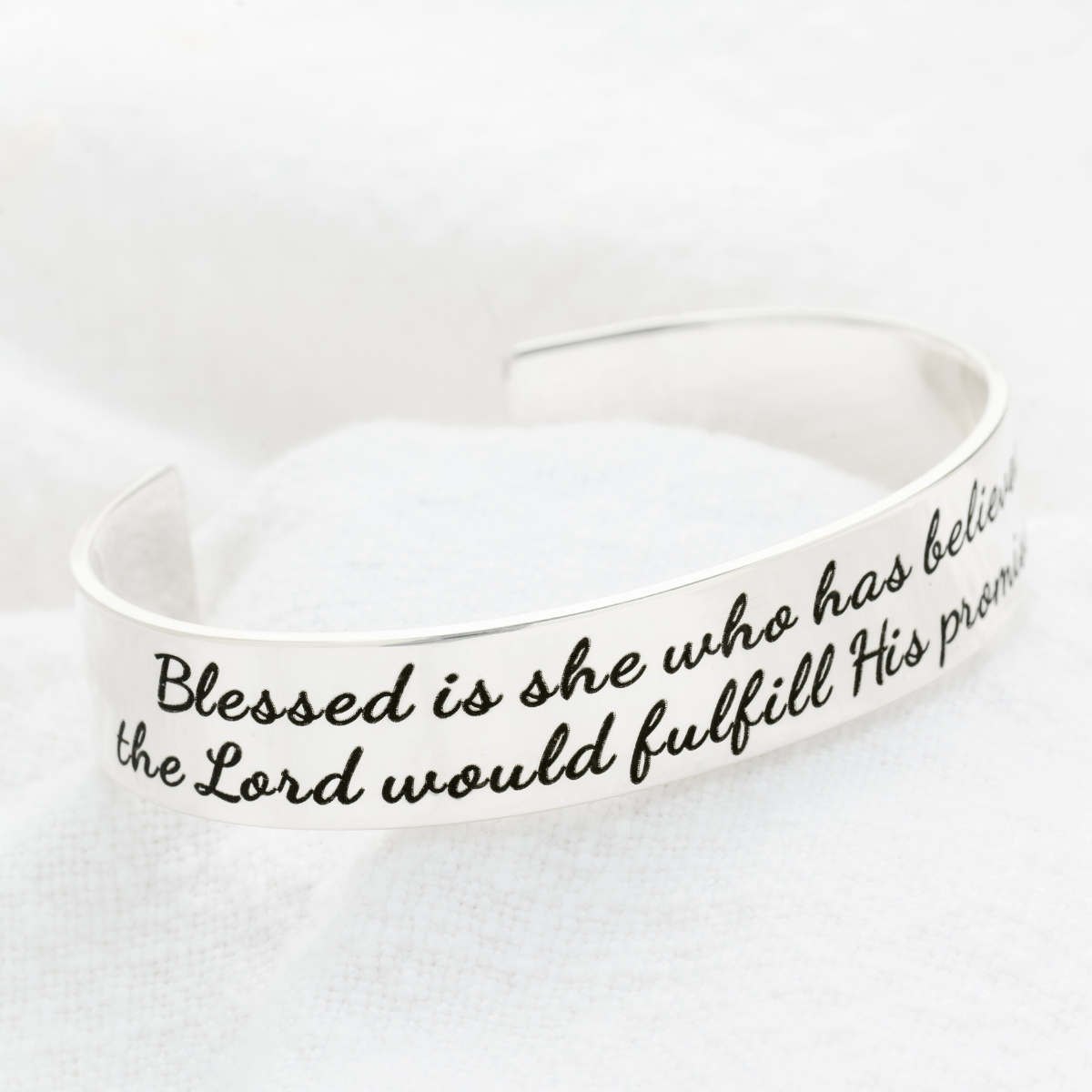 Blessed is She Who Has Believed Engraved Cuff Bracelet | Sterling Silver or 14k Gold
