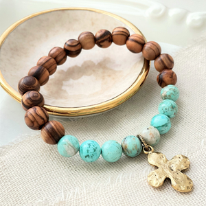 Peruvian Turquoise Holy Land Olive Wood Bead Bracelet with Charm