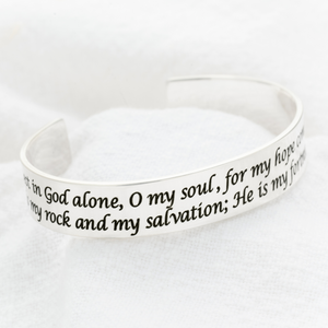 I Will Not Be Shaken Engraved Cuff Bracelet | Psalm 62:5 | Sterling Silver or 14k Gold