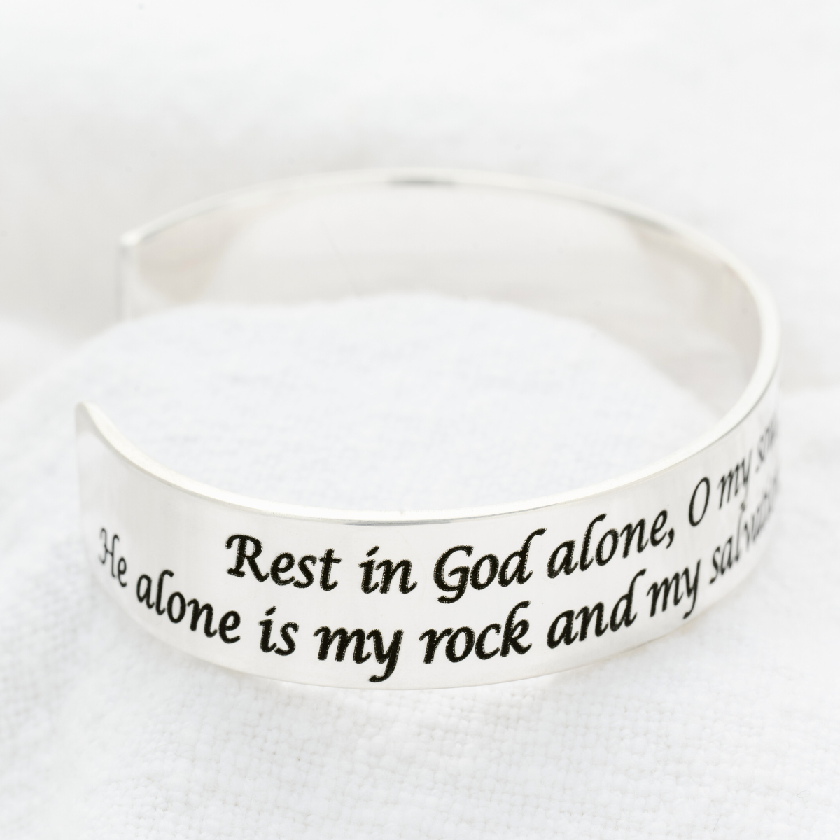 I Will Not Be Shaken Engraved Cuff Bracelet | Psalm 62:5 | Sterling Silver or 14k Gold