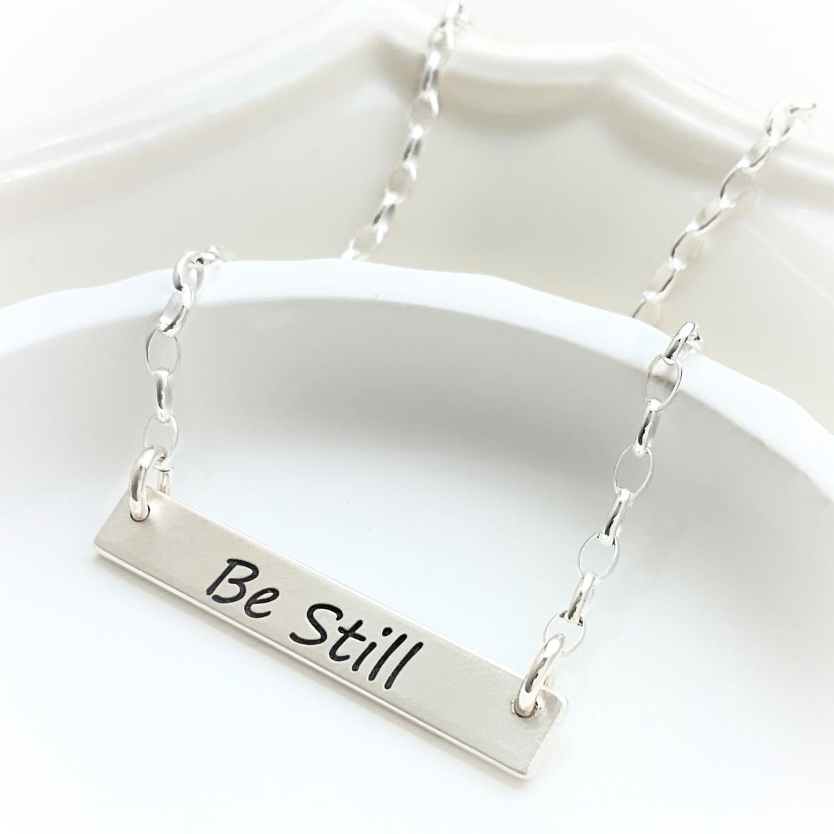 Sterling Silver Custom Engraved Horizontal Bar Pendant Necklace