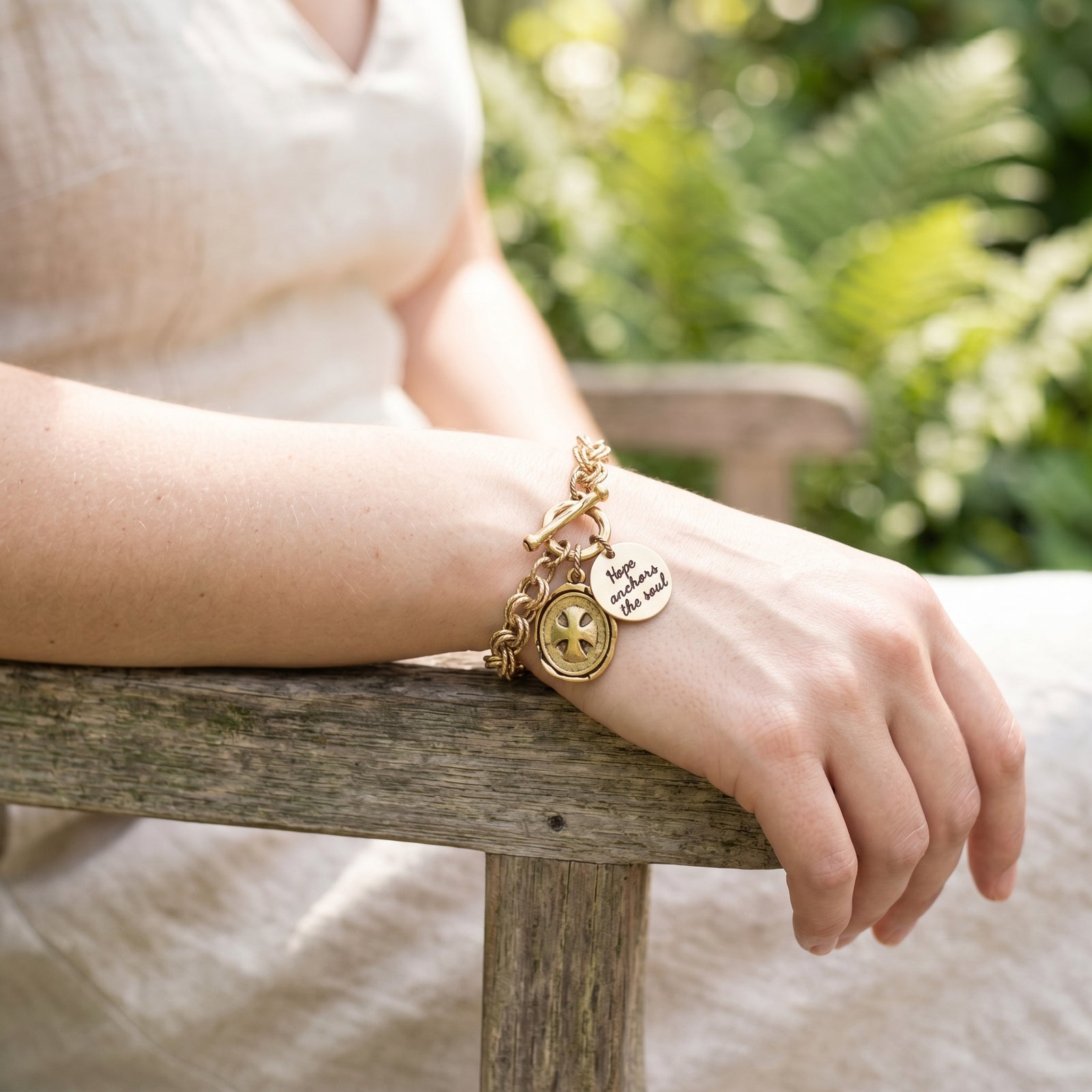 Gold Brass Cross Charm Link Bracelet | Engraved Scripture & Custom Options