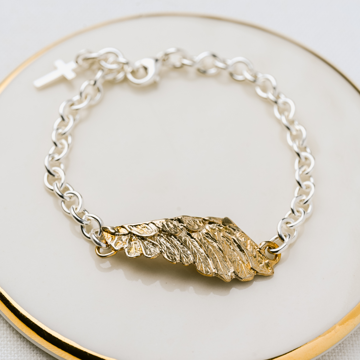 Sterling Silver Hammered Link Bracelet | Bronze Angel Wing