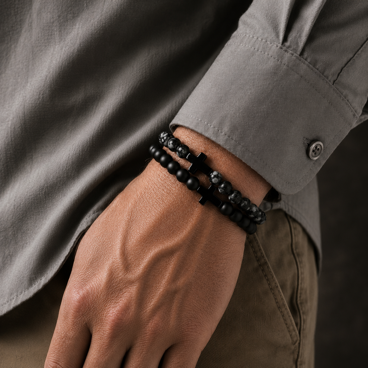 Men's Natural Stone Bracelet with Black Onyx Gemstone Cross