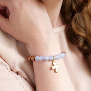 Holy Land Olive Wood & Blue Lace Agate Bead Bracelet | Choose Your Charm