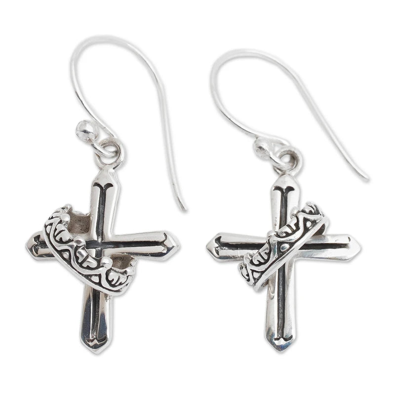 Sterling Silver Cross and Crown Earrings