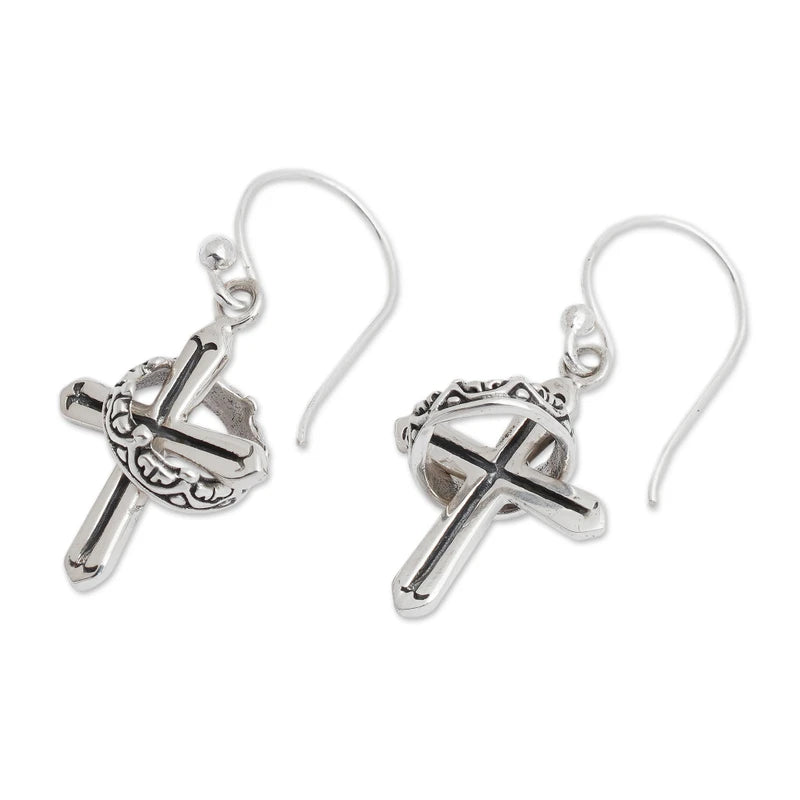 Sterling Silver Cross and Crown Earrings