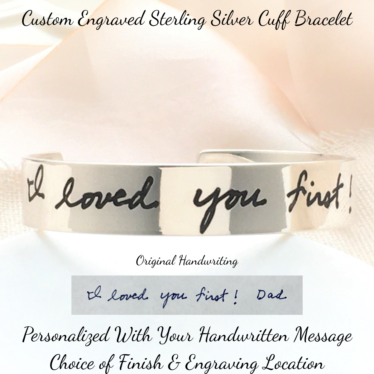 Sterling Silver Custom Engraved Cuff Bracelet Personalized With Your Handwriting | 1/2" Wide