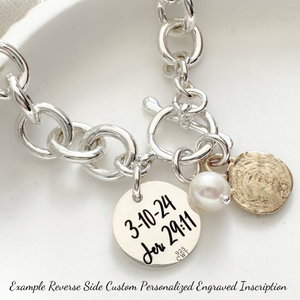 Sterling Silver Link Charm Bracelet | Initial Disc, Bronze Cross & Freshwater Pearl Charms