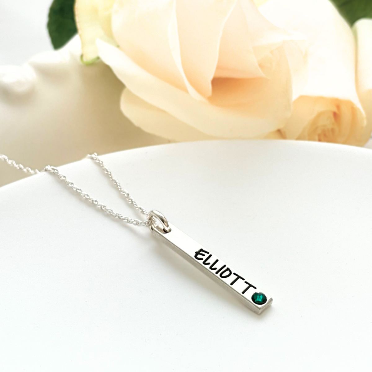 Hand engraved vertical bar necklace with your handwriting message in  Sterling Silver, Yellow Gold, Rose Gold or White Gold