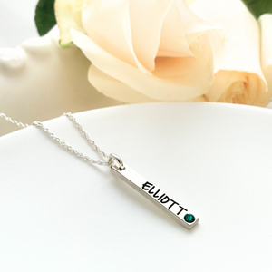 Custom Engraved Sterling Silver Vertical Bar Necklace | Swarovski Crystal Birthstone