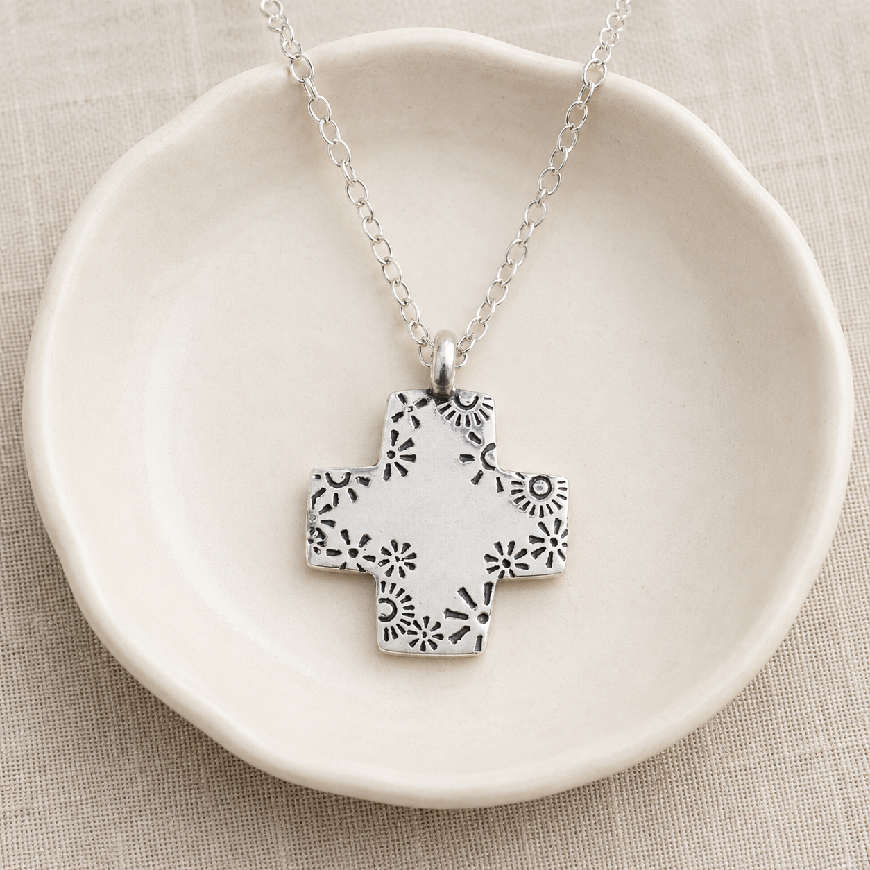 Fine Pewter Square Floral Cross Necklace