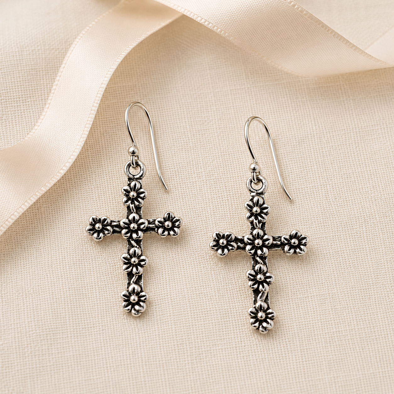 Sterling Silver Flowering Cross Earrings