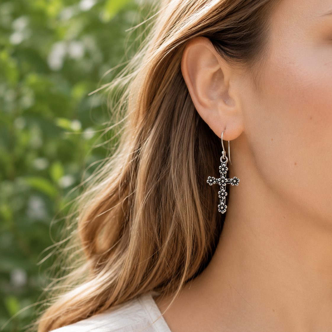Sterling Silver Flowering Cross Earrings