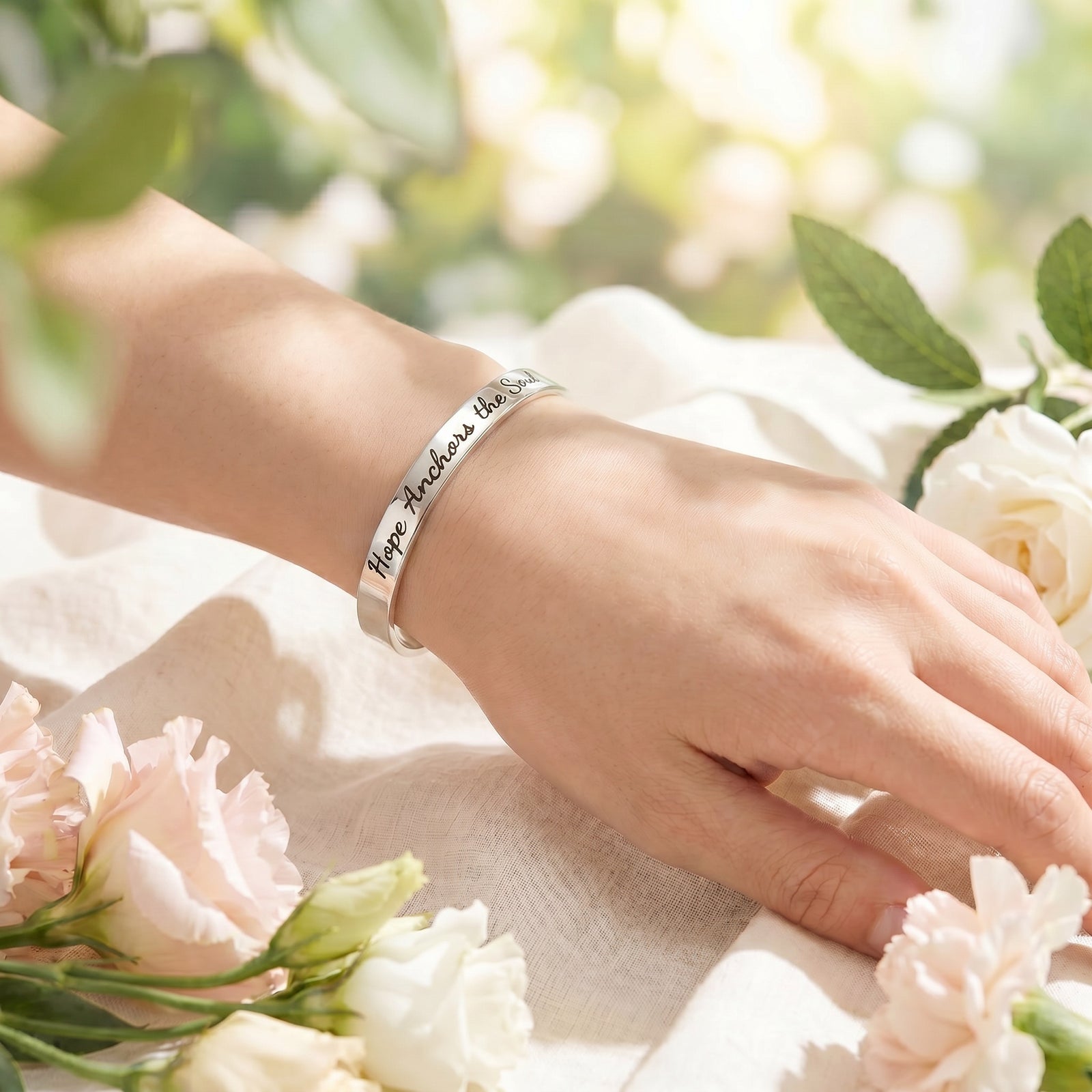 Hope Anchors the Soul Engraved Cuff Bracelet | Hebrews 6:19 | Sterling Silver or 14k Gold
