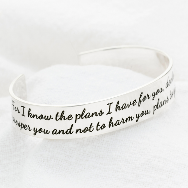 Jeremiah 29:11 Sterling Silver Engraved Cuff Bracelet - Clothed with Truth