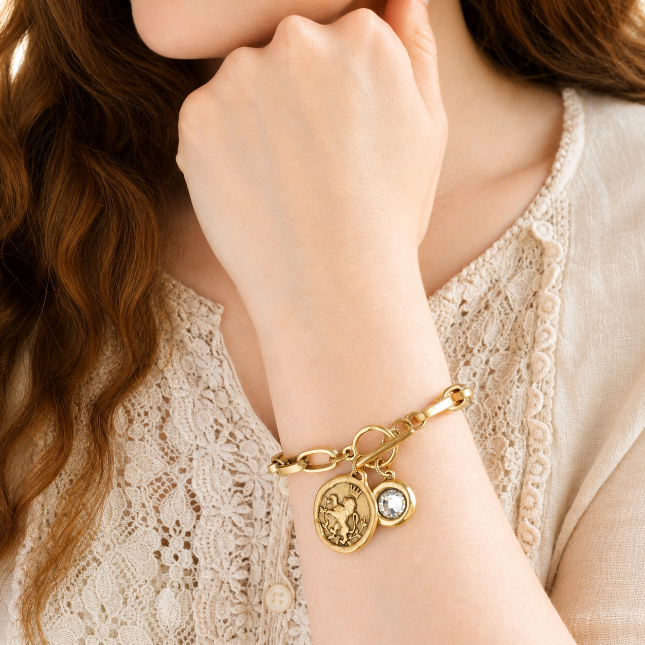 Lion of Judah Antiqued Gold Oval Link Bracelet