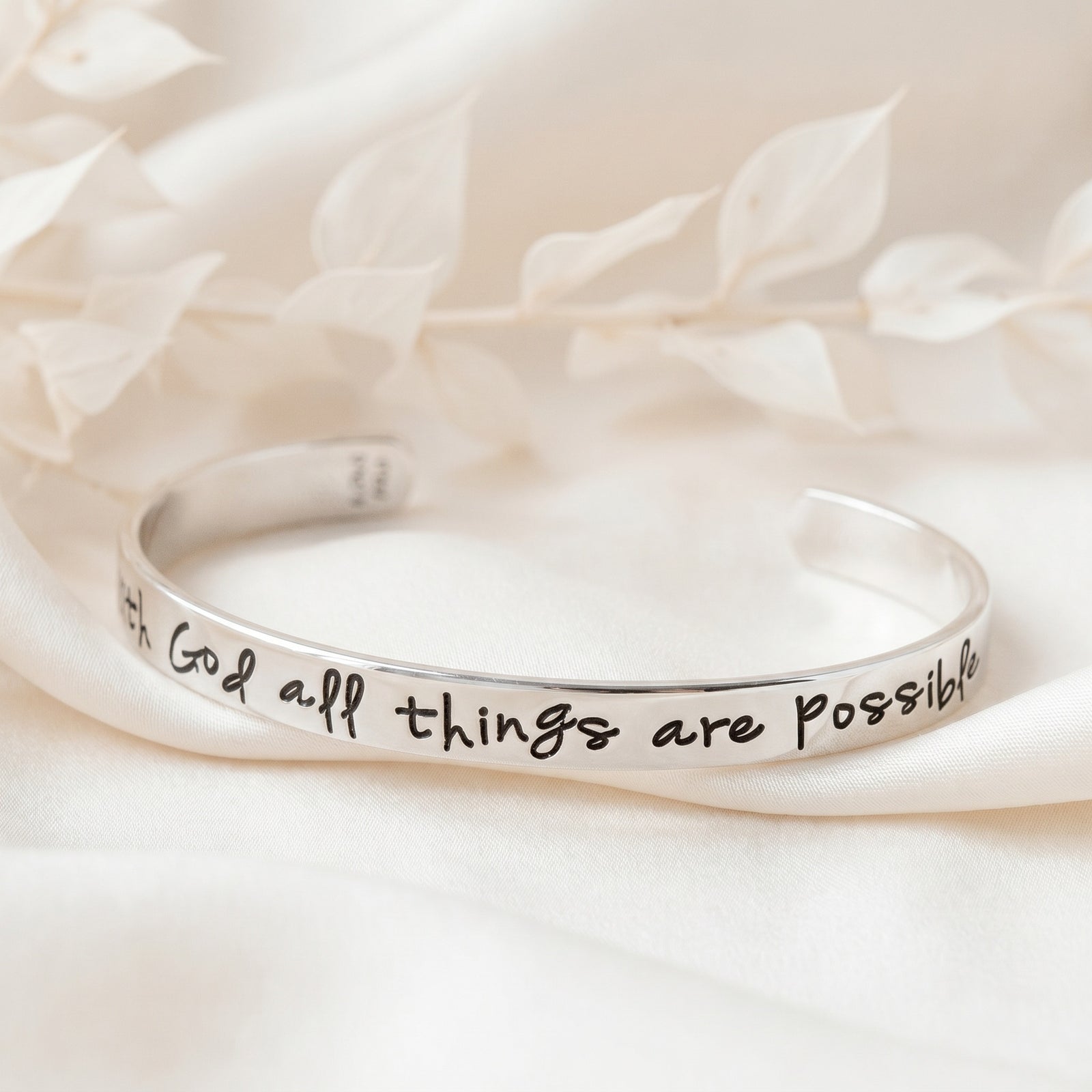 Matthew 19:26 Sterling Silver Engraved Cuff Bracelet | With God All Things Are Possible