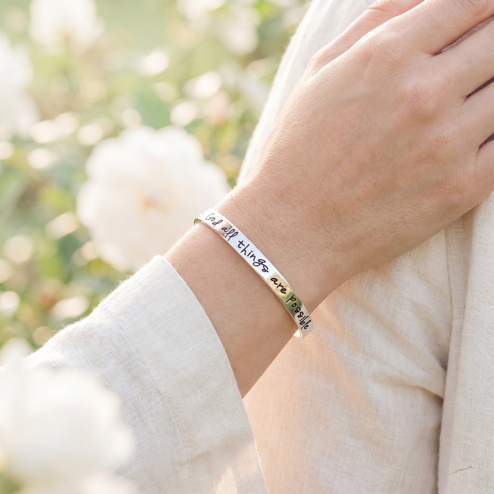 Matthew 19:26 Sterling Silver Engraved Cuff Bracelet | With God All Things Are Possible