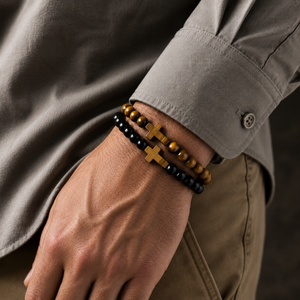 Men's Natural Stone Bracelet with Tiger Eye Cross
