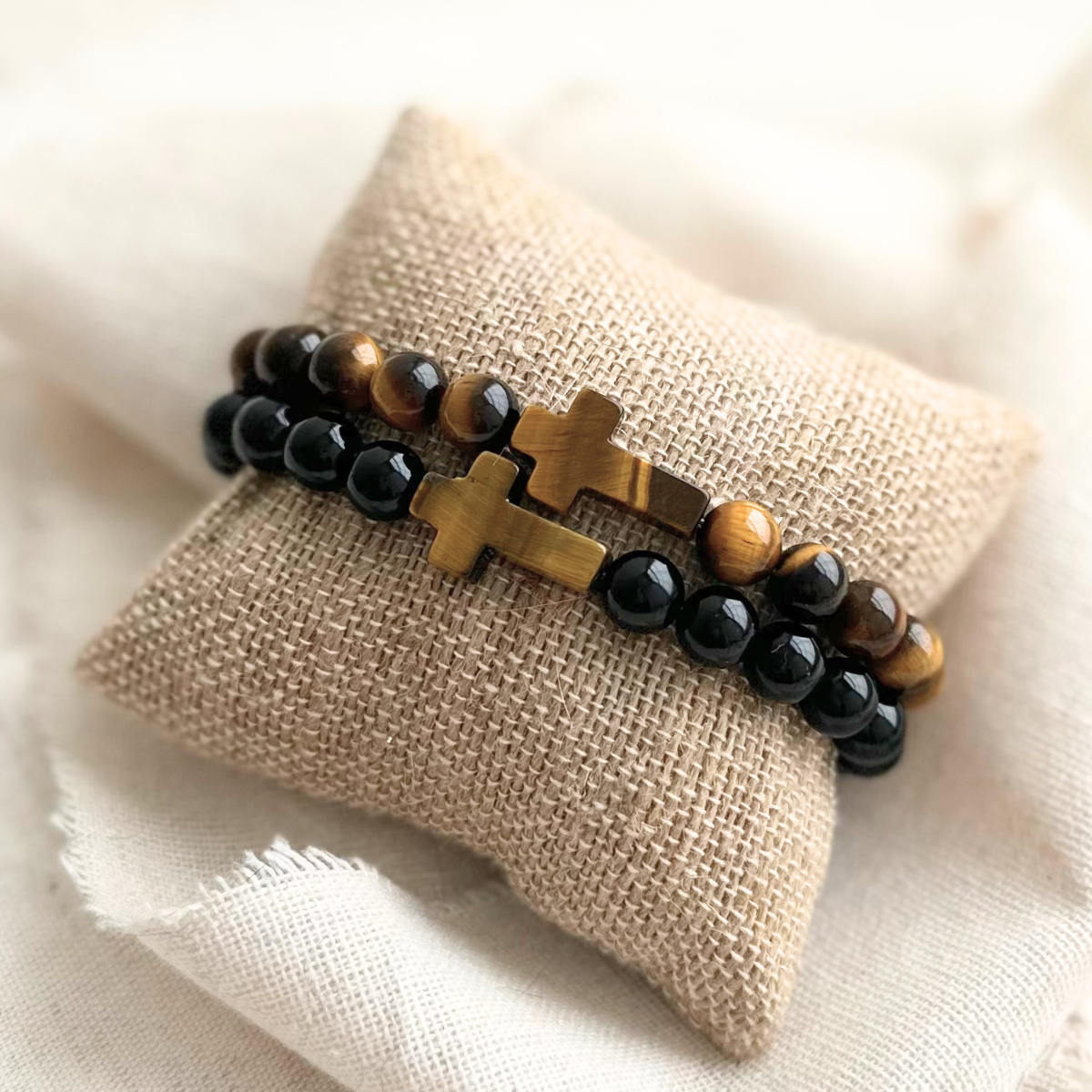 Men's Natural Stone Bracelet with Tiger Eye Cross