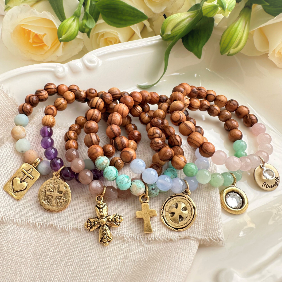 Holy Land Olive Wood & Gemstone Bracelet | Choose Your Stone