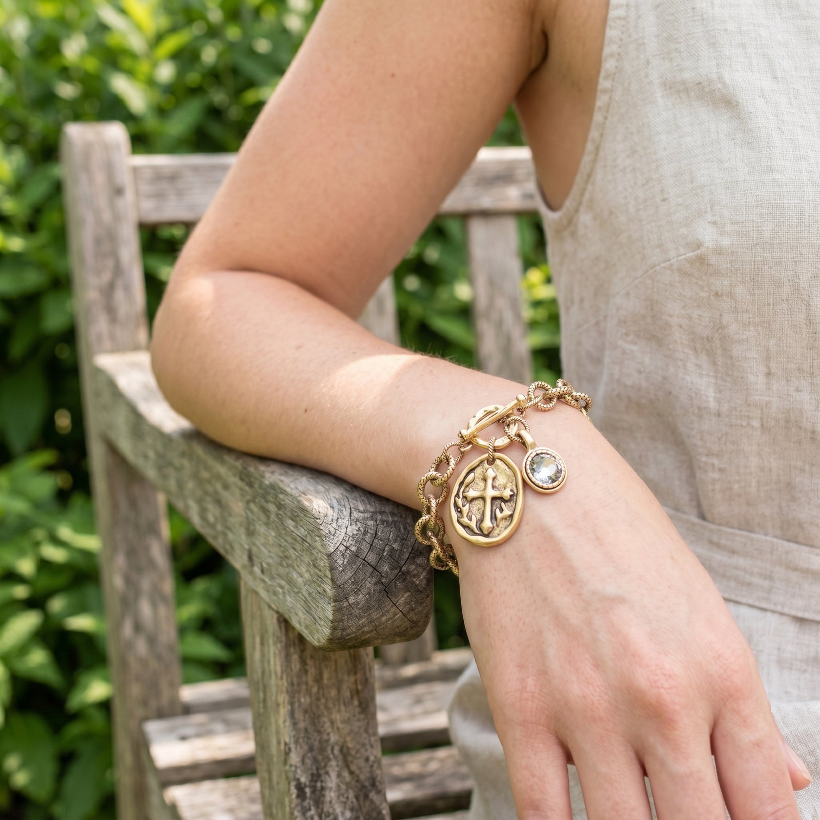 Antiqued Gold Link Bracelet | Old-World Oval Cross & Swarovski Charm