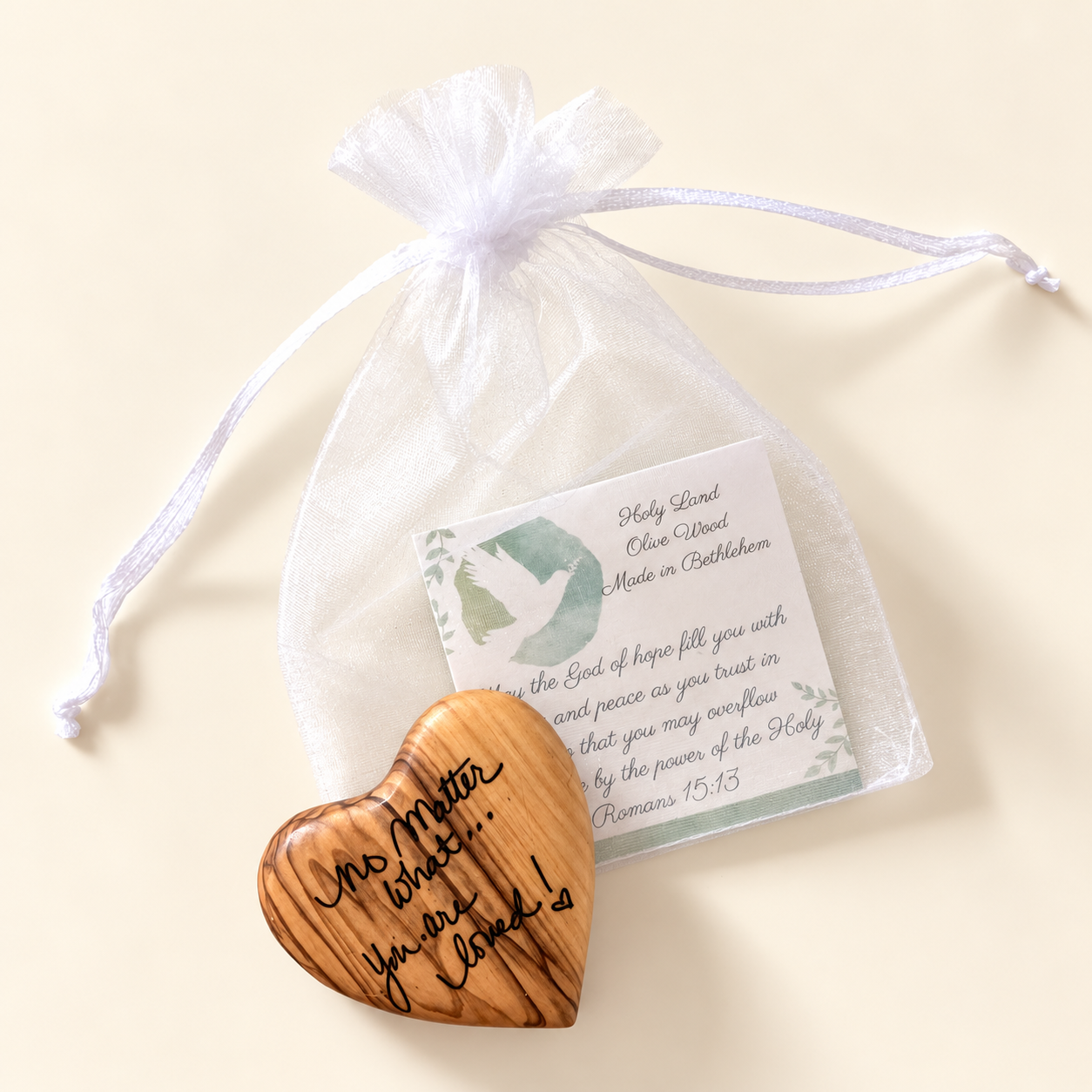 Custom Personalized Holy Land Olive Wood Heart | Engraved with Your Handwriting