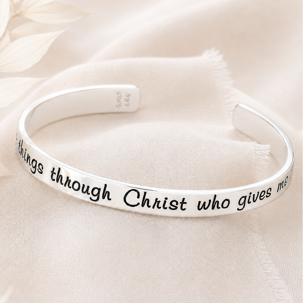 I Can Do All Things Through Christ Sterling Silver Engraved Cuff Bracelet | Philippians 4:13