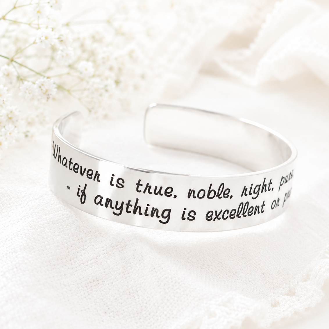 Philippians 4:8 Sterling Silver Engraved Scripture Verse Cuff Bracelet