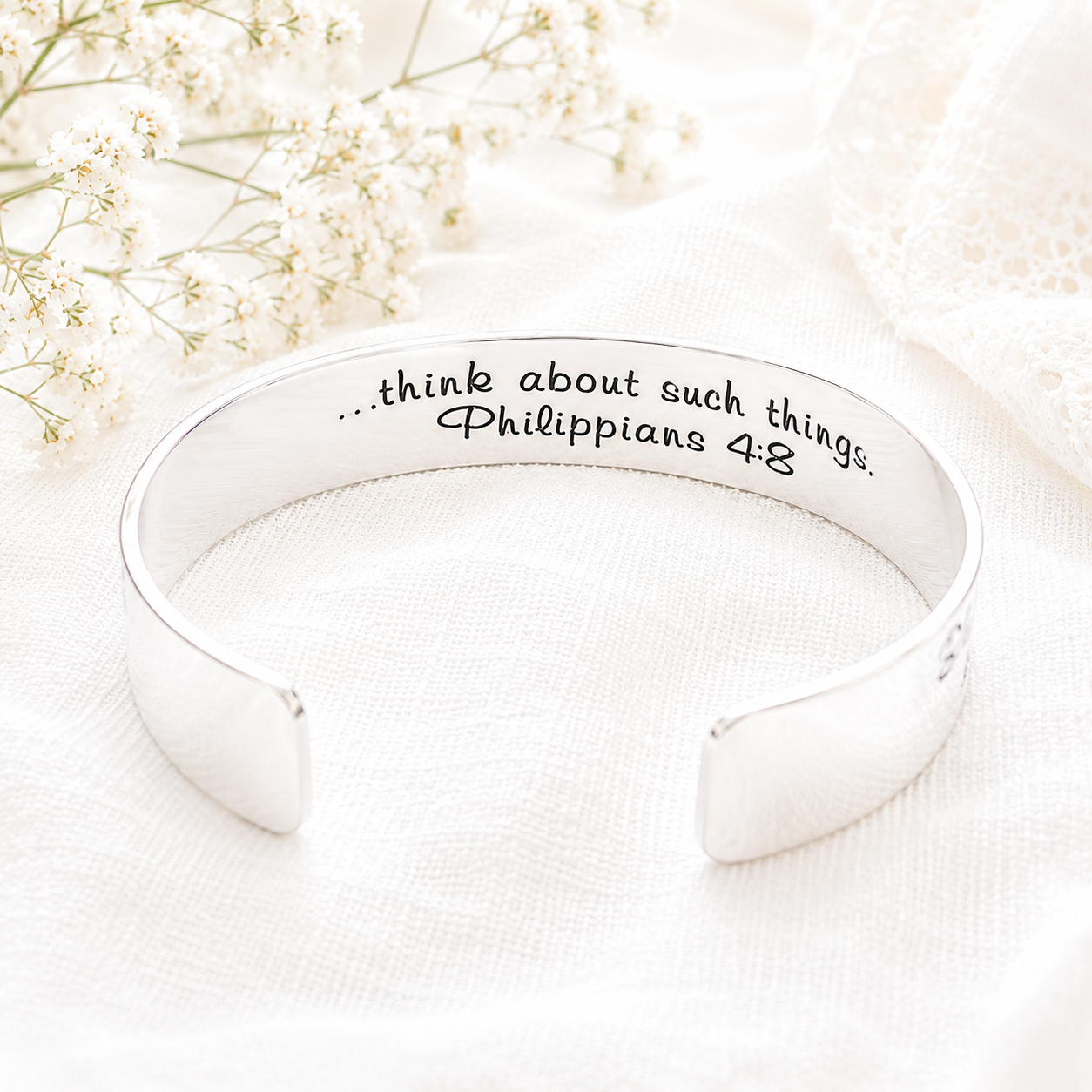 Philippians 4:8 Sterling Silver Engraved Scripture Verse Cuff Bracelet