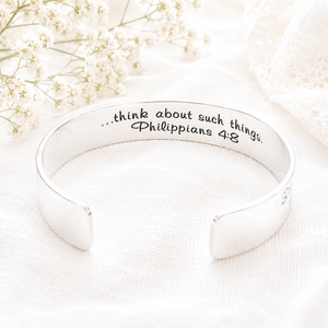 Philippians 4:8 Sterling Silver Engraved Scripture Verse Cuff Bracelet
